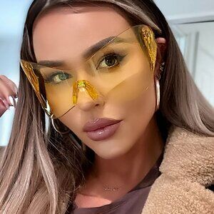 Women Sunglasses Fashion‎ Shield Retro Yellow Lens Oversized Wrap Around Luxury